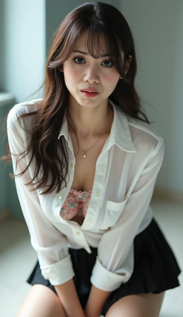 a 18 year old face of the most beautiful actress in the world, the perfect body proportions of a female, formal shirt being worn on upper body is tight thanks to large breasts, the labia are seen through panties, bare thighs are erotic, pretty short hair cut above the ears for a female, standing, at the city street, best quality, highly detailed, masterpiece, ultra high res, photo realistic, 8k