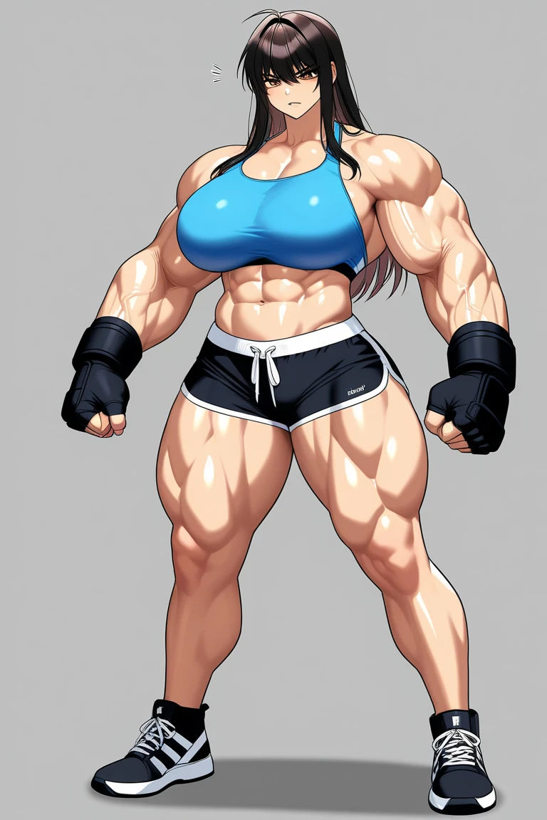 (((Close-up))), tall, (royal blue hair) beautiful muscular woman, long curly wavy hair, pale white skinned, large breast, closed smile, (black lipstick), (massive muscles), (hyper muscle), (((ginormous bulky muscles))), white eyes, (((royal blue tennis top))), (((long black pleated skirt))), (thigh high socks), choker, (holding tennis racket), sneakers, in a tennis court,