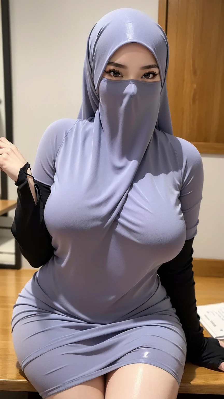 a beautiful young woman hijab, (((super big breast))), (very big breast covered), (Big breast), bare breast, perfect face, (((very huge big breast,))), ((( Big Breast))), wearing sleeveless long dress muslim, (((covering breast, long veil))), Slim Face、25 years old, stil young, Pretty Lady, curvy shaped body, fat arms, enormous hips, big ass, fat belly, armpit showing, holding her breast, cameltoe, fat vagina, smile eyes, squatting, open legs, bedroom, (big breast covered), front view