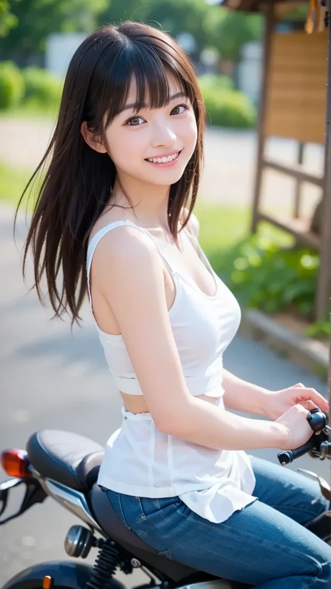 Japanese female, a lot of details, (underweight), 30 years old, detailed black hair, beautiful detailed hair, super fucking beautiful, delicate beautiful face, complex details beautiful and delicate eyes, perfect hands, (flat chest best quality:1.5), perfect and delicate limbs, detailed skin, best quality, ultra-detailed,(cheerful grin:1.5),
street, (KAWASAKI super sports motorcycle:1.1), (riding motorcycle), (red shorts), (white tank top), in the city, (low angle shot:1.1)