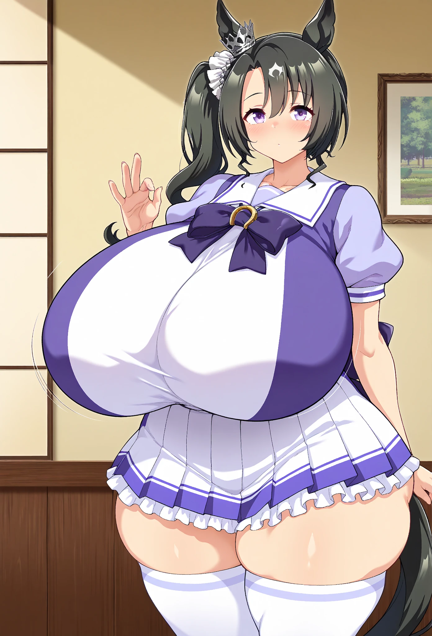 restaurant(((vulgarity,Kobeya Uniform)))kobeya,big breasts, huge breasts, gigantic breasts,Black bob cut, covered nipples, an anime girl with big belly standing in outdoor with large breasts standing behind, gigantic breasts, 1girl, solo, breasts, bag, blue eyes, short hair, outdoors, shirt, looking at viewer,big breasts, huge breasts, gigantic breasts