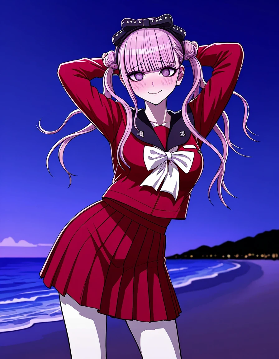 kako, pink hair, purple eyes, twintails, double bun, bow, blunt bangs, red serafuku, black sailor collar, red skirt, white pantyhose, high quality, closed mouth, solo, cowboy shot, night sky, beach, arms behind head, ((contrapposto)), looking at viewer, wavy mouth, shy, smile, best quality,