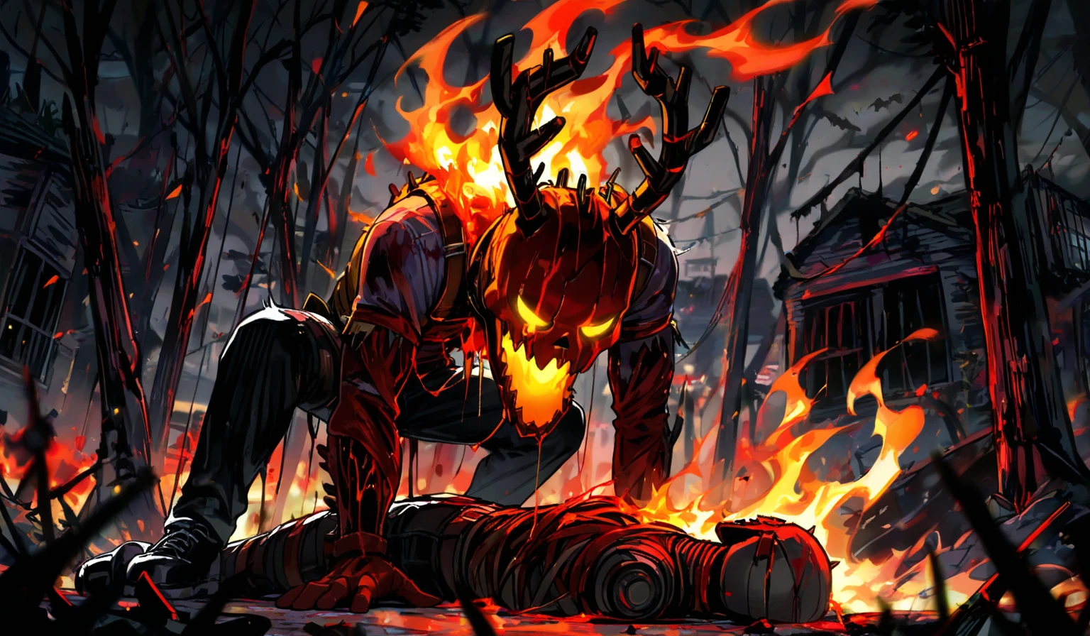 nsfw, ((((High resolution, best quality, masterpiece, high detailed)))), 
((pumpkin Head)), (man with a pumpkin head), musclegut, Male, (human body), (dark skin:1.5), glowing eyes, 
((Sweaty)), (((wet))), (saliva), (((embarrassed))), (blush), 
BREAK (cum everywhere, cum on abs, cum on body, cum on face, cum on chest, :1.1), 
((((precum on bluge)))), ((bulge)), ((torn clothes)), 
moonlight, halloween, (((Cemetery at night))), 
(()arched back))), Solo, ((lying on)),