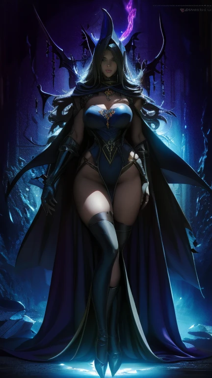 Mature Woman,(Face Veil,Long gloves,Thigh-high boots),(Detailed Description, High resolution，8k wallpaper，masterpiece，Highest quality,Depth of region,Anatomically accurate depiction),((Blue-skinned dark elf,assassin)),((Wicked Smile)), (From above:1.1),eyelash, Beautiful Eyes,Perfect body, Thick thighs, Wide Hips,Mysterious Lips, Shadow, Villainess,latex,There is cleavage in the chest,lure,Nice hands, Perfect Fingers,(Gesture to invite a man),(A face with attention to detail, Eye for detail),({side view},1.4)