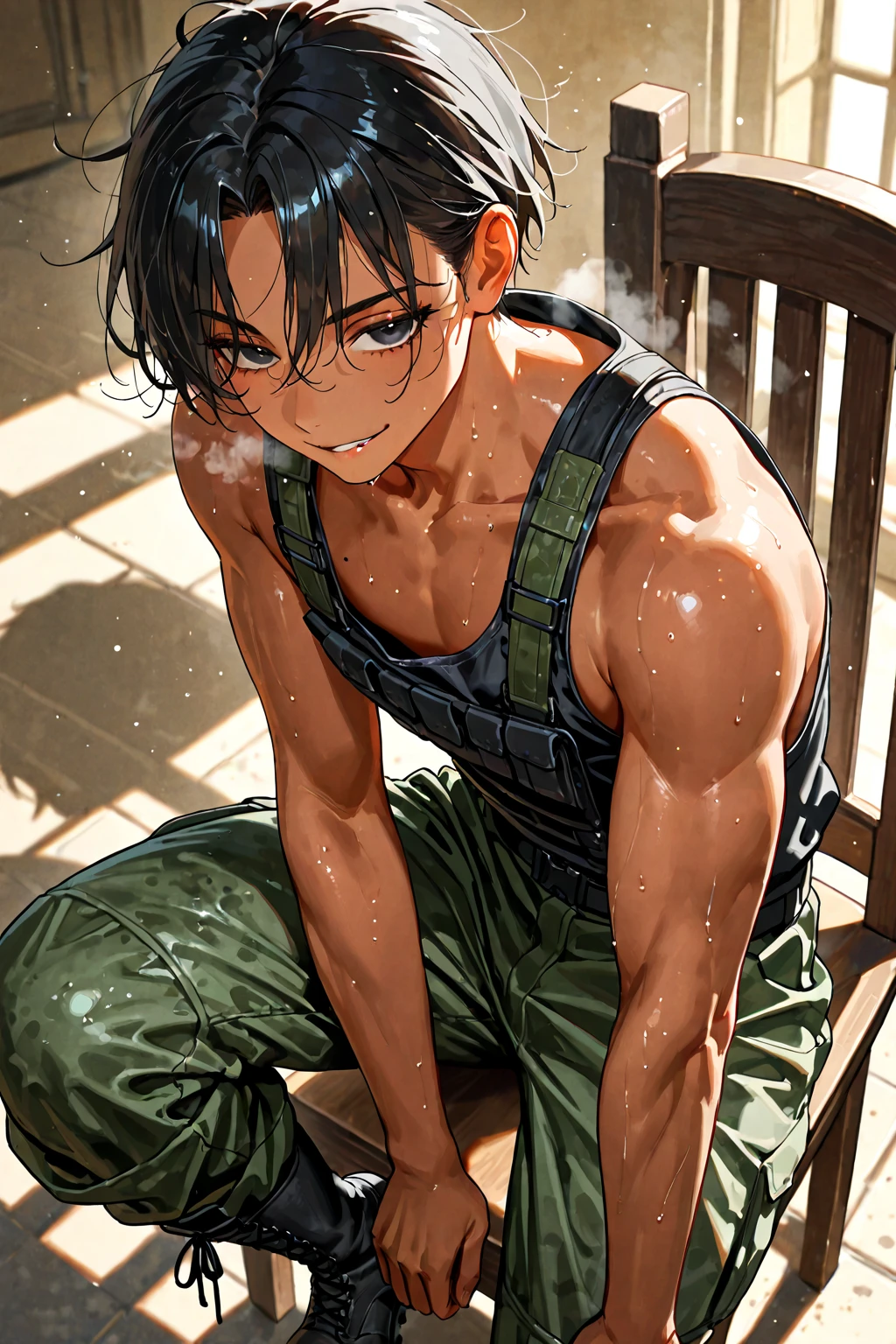 shirtless handsome manly short black hair caucasian male soldier, camouflage pants, camouflage boots, sweat-drenched, soaking wet, drenched with sweat, sweating profusely, soaking wet with sweat, panting, exhausted, gasping, panting, kneeling on the floor, hands on the head showing underarms, captive soldier, in the military prison