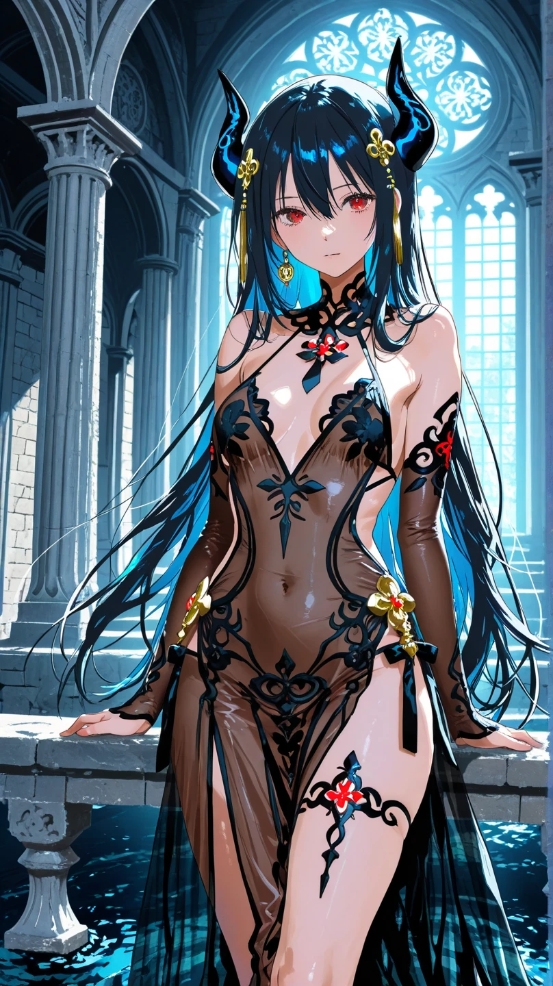 demon girl in a made costume shy black hair and blue eyes camel toe