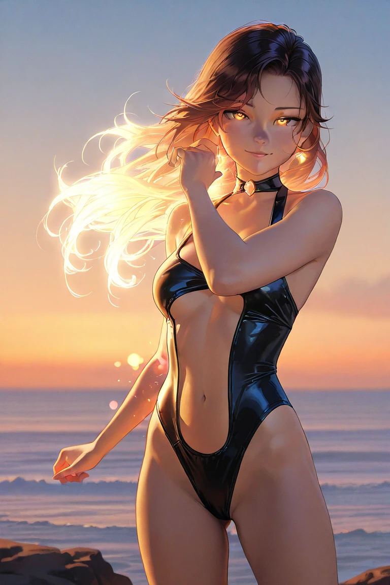 (obra maestra, Mejor calidad) Hermoso elemental de fuego, pelo largo de color rojo, cuerpo en llamas, bikini con estilo, en la playa, colores vibrantes