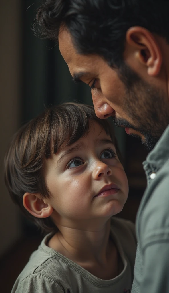 A cartoon of a young boy with an innocent expression asking his father 