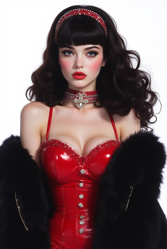 (((Surreal))) Photo, masterpiece, top quality, (pale skin), (super detailed的脸部和眼睛:1.3), 1 girl, adult, in a black T-shirt, The necklace hangs on the chest, NECKLACE， (Eye makeup, black mascara) , ((big, Gentle lips)), ((dark curly hair)), ((Chiolka)) , (natural massive huge breasts), ((Outside)), Photo shooting, (side light), (Play of light and shadow), depth of field, hips, (special attention to leather details: 1.2), detailed skin texture, skin pores. (frame dark atmosphere. Color range - black, tangerine, red, tune), Dlm grain), (rays), ((glare)), ((portrait, close to the camera)) , super detailed,
