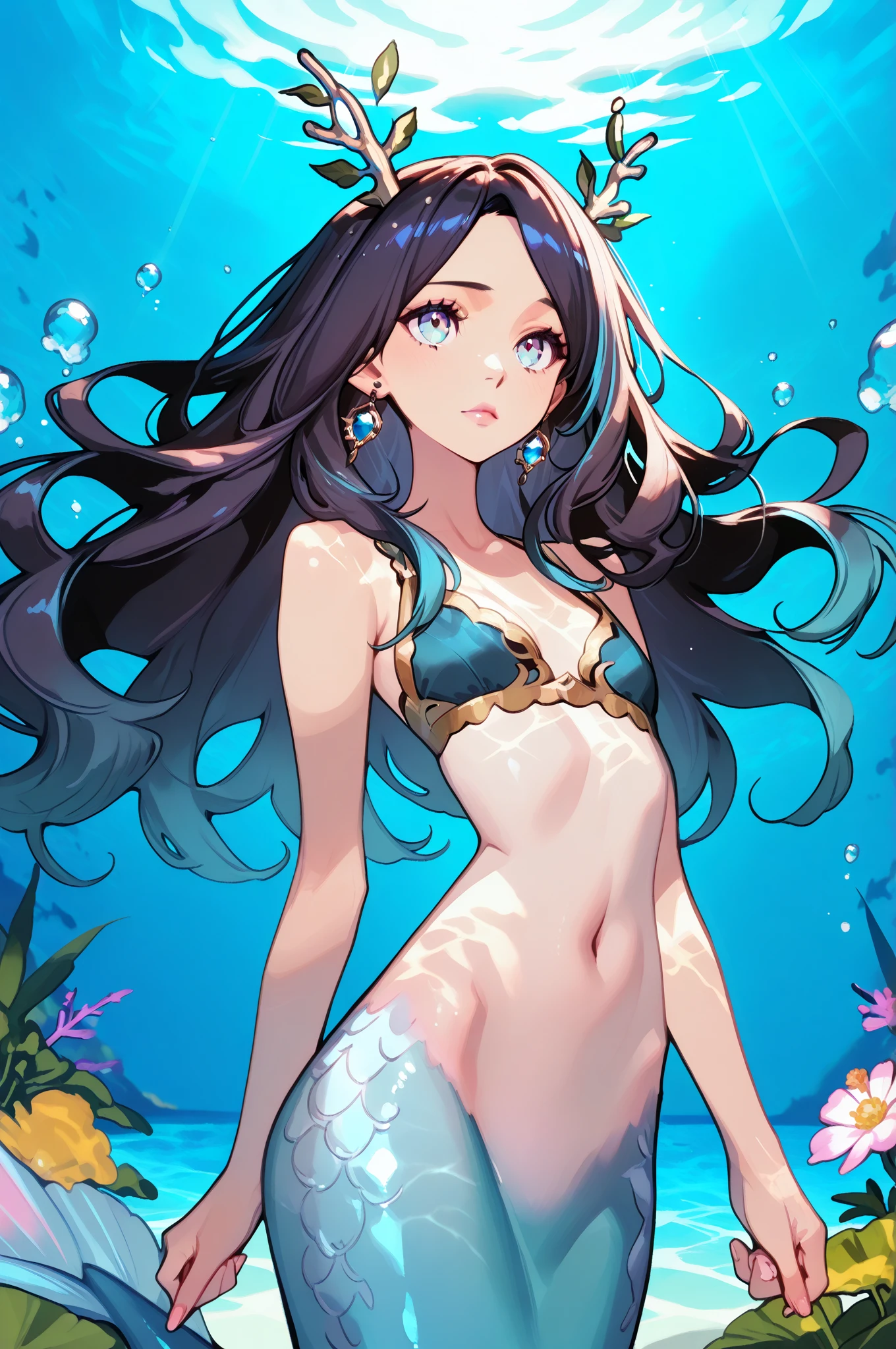 ((Highest quality)), ((masterpiece)), (detailed), One beautiful mermaid, Beautiful Eyes,sexy,In the sea,Seductive pose, dynamic poze, Tie-dye bikini,,overhead shot,