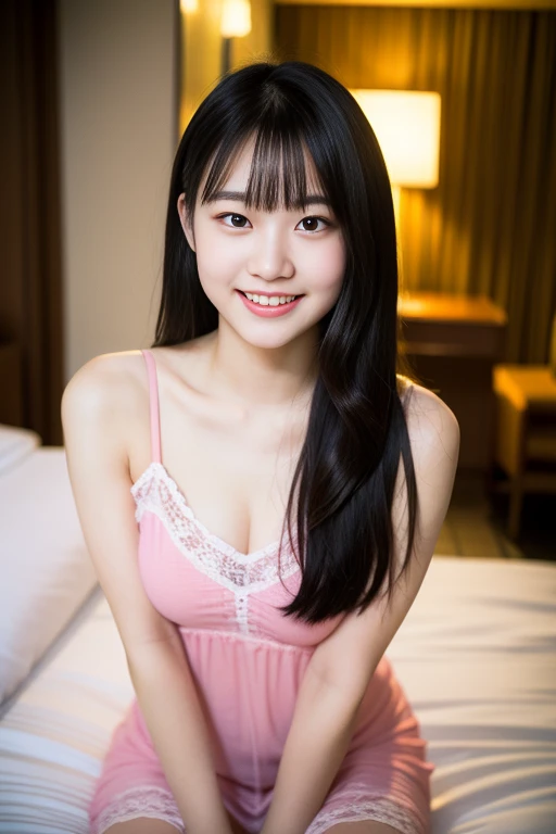 ultra detailed, 8K, a woman, thinking, smiling, seiza, looking at viewer, long hair, blunt cut, straight hair, black hair, black eyes, eyes open, fair skin, tiny, glamorous, white tank top, underwear, cute face, baby face, 20-year-old, japanese, in the bedroom, at midnight, kawaii, ultra realistic photo, full body shot
