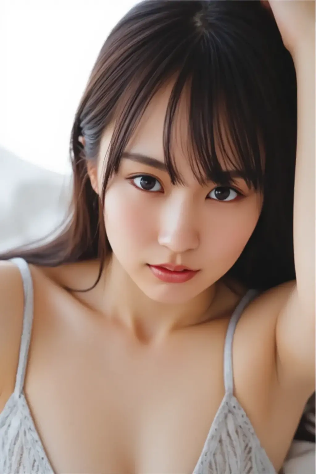 masterpiece、highest quality、8k,Ultra-high resolution、RAW Photos、Ultra-high resolution、日本people、beautiful girl、1people、woman, (Flower Hair Ornaments,Braided top knot,Twisted Side Part Ponytail Braided Headband,Half Up、Braided Space Van,Voluminous fishtail braid,Twisted pan),(Asymmetrical bangs)、 (Ultra-realistic),Round face、 Beautiful and beautiful eyes、double eyelid、Thin eyebrows、Red eyeshadow、Rich dreamy make-up、Thin lips, (A short, loose-fitting dress(White background with pale lavender floral pattern))、 A kind smile, Professional photography, Cinematic Light, (Very beautiful face: 1.2),(Large Breasts:1.4)、Saggy breasts、Cleavage、Exposed thighs、Voluptuous thighs、Smooth calves、、daytime office、In front of the computer、sitting in an office chair、Head to knee photo