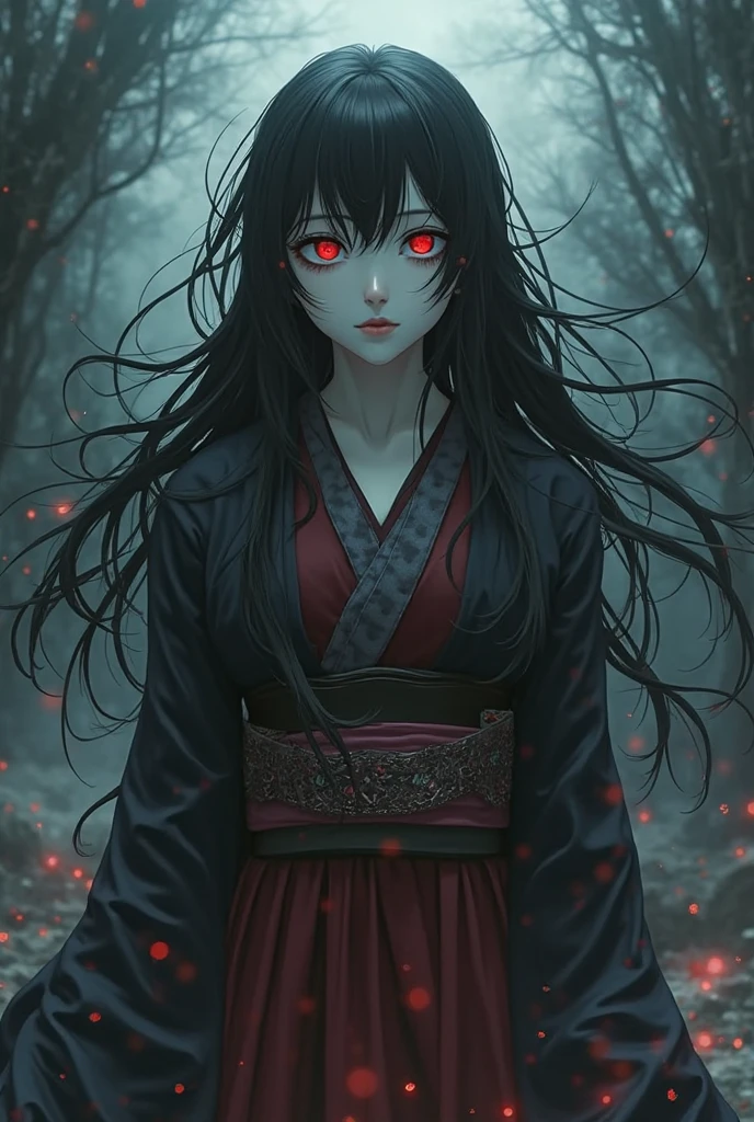 a beautiful woman in a white silk kimono, long black hair flowing in the mist, Inside the ruins of the Japan。Creepy Smile。,red eyes with black pupils staring intensely, pale skin, ghostly presence in the dark, abstract impressionist style, horror atmosphere, night scene, red obi sash, black walls, close-up cowboy shot, ultra-realistic, highly detailed, cinematic lighting, dramatic colors, moody, unsettling, curse, supernatural