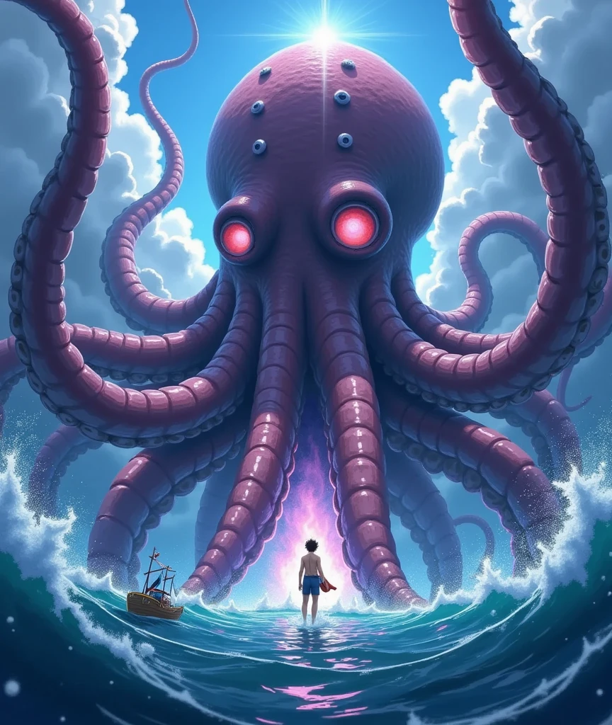 Man killing a jellyfish in a sea made of clouds, giant octopus, lofcraft, various electric jellyfish,