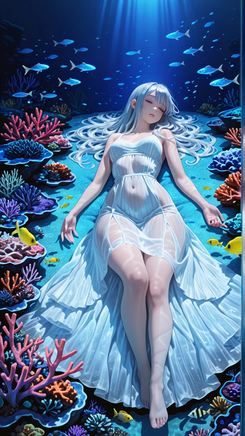 ((((1girl water, depths:1.0)), seaweed Crown, mollusk shell armor, green sea anemone extra appendages, transparent fins, decentralized body, Aquascend glows:high)), 1girl, calm, standing, soldier, fish-based headdress, trident, brooch, bright blue skin, glowing aquascend, fish scales, water, ocean floor, scavenger hunt, underwater exploration, ship wreckage, 2girls, 1girl, side profile, from above, (gloved hands), looking down, (standing on sandy bottom), ((initial, diving, (underwater lifeindent xxxx, mudtribesxxx), go))))