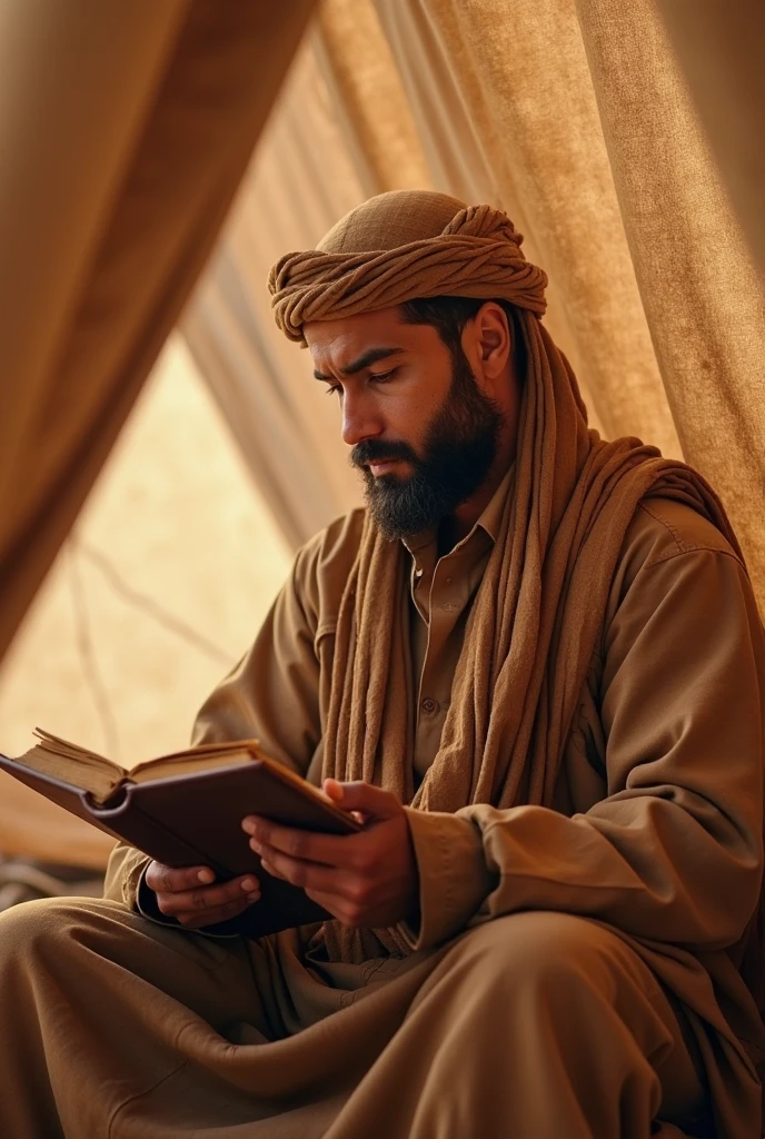 Strong bearded and hairy man in white underwear with an Islamic cap on his head reading a holy book to the .