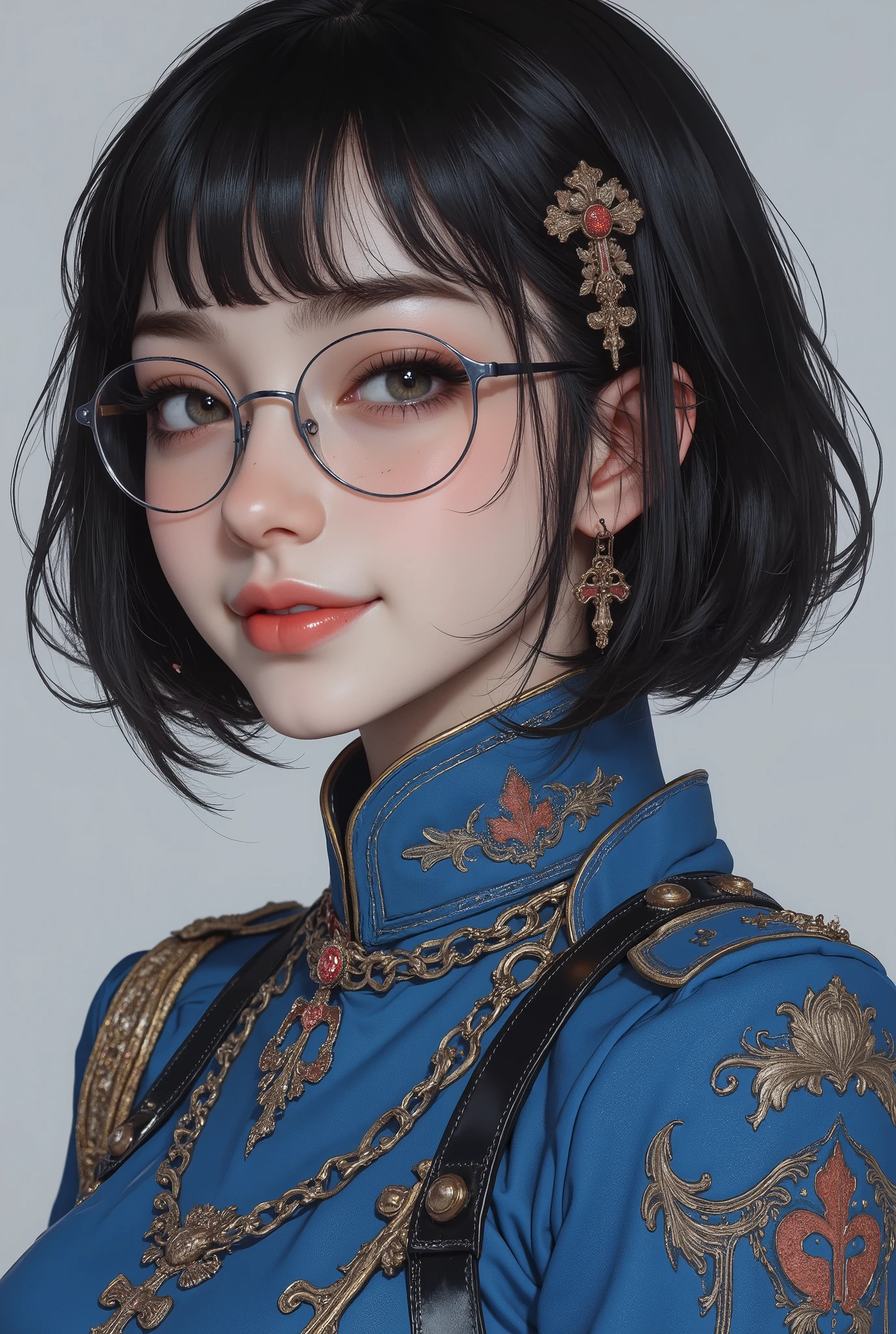selfie close-up、Oriental beauty with bangs and short black hair wearing stylish glasses is looking at us with a smile、wearing a blue rococo combat uniform