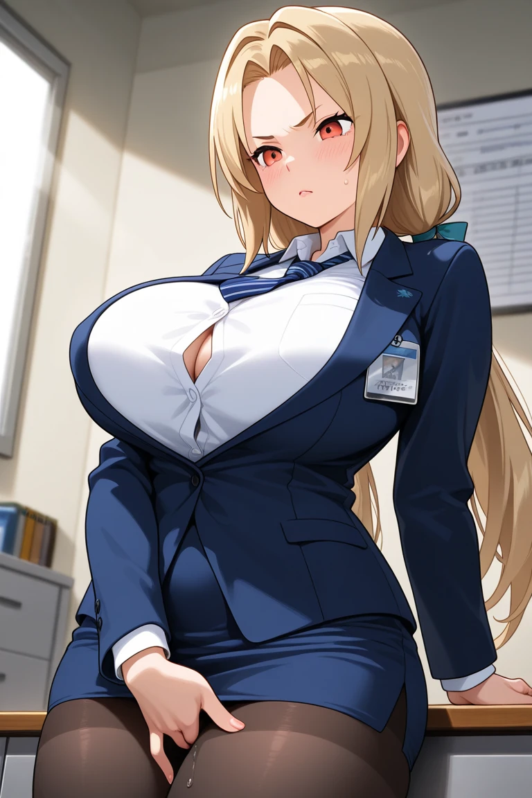 (masterpiece, best quality:1.2), police woman in skirt police uniforms, covered chest completely, blonde, giga_busty