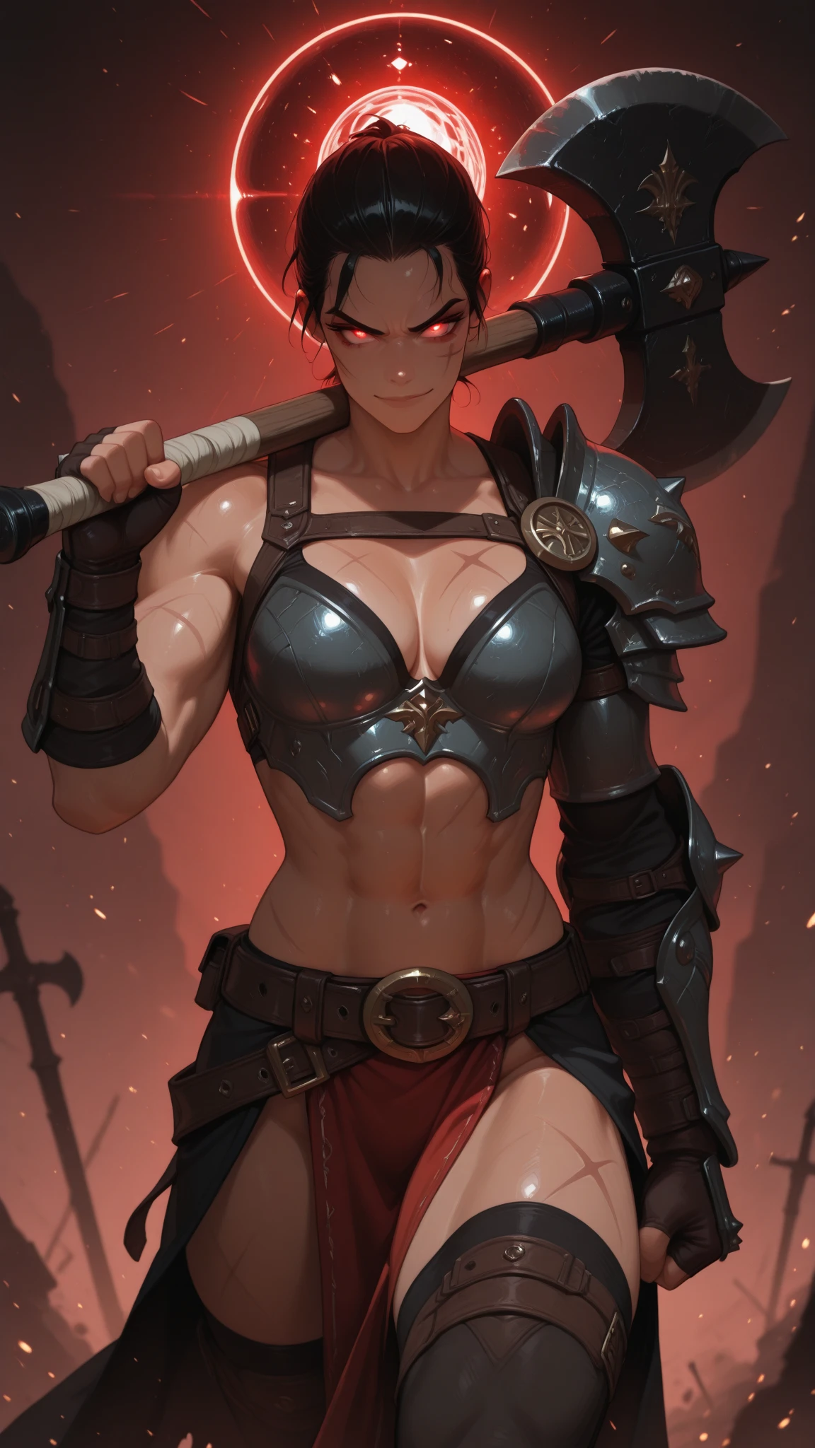 ((Full body photo, standing, down to earth, God of War Ragnarok Style, God of War Ragnarok Universe)), (Gaiana a Spartan warrior, very large breasts, black/brown leather and gold details/Spartan warrior costume, tight costume on the body, extremely exhibitionist, extremely pale whitish skin, tattoos all over her body and face), ((she is in an ancient macabre Greek temple at night raining hard)), she has ((mohawk-style red hair, blue eyes, staring at the viewer from the front, body from the front)), clenched fists, (((water-soaked hair/body/clothing)), fighting position, sword at the waist, God of War Ragnarok, crazy smile, anime, 16k, award winning, high details, high quality, textured skin, anatomically correct, masterpiece, UHD, ccurate