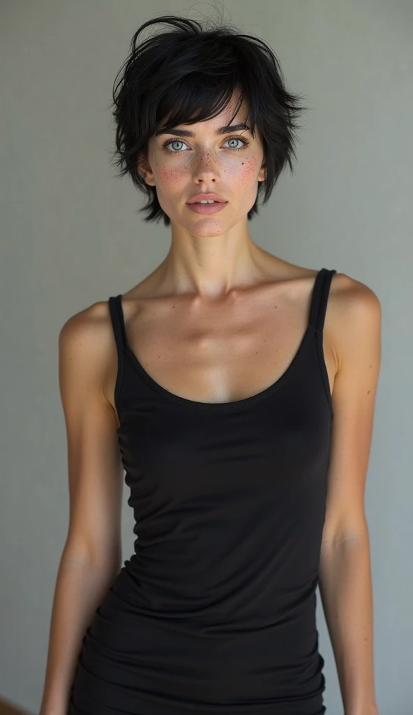 (ultra realistic, highly detailed:1.4), best quality, 18 yo. girl, androgynous, flat chest, loose short fluffy black hair, (longneck:1.5)