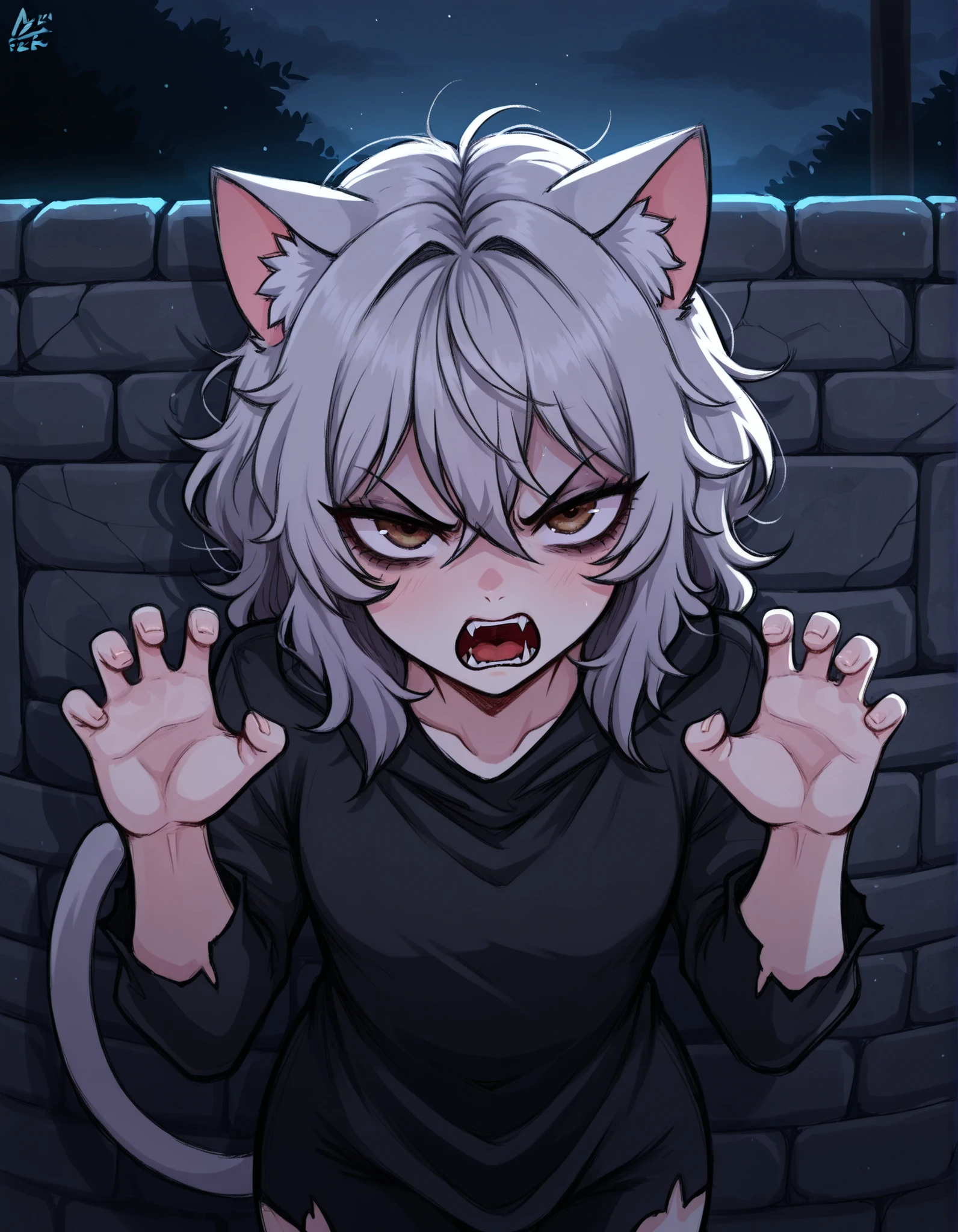 Aer0 Zer0 Style, ΛΞR0 ZΞR0,, 1girl, petite, (skinny and frail:0.7), cat girl, against wall, stone wall, brown eyes,looking at viewer, grey hair, medium hair, messy hair, angry, (scared:0.4), (open mouth:0.5), fangs, hands up, (tearing up:0.5), tail raised, torn clothes, straight-on, dark, night, outdoors, masterpiece,best quality, amazing quality,