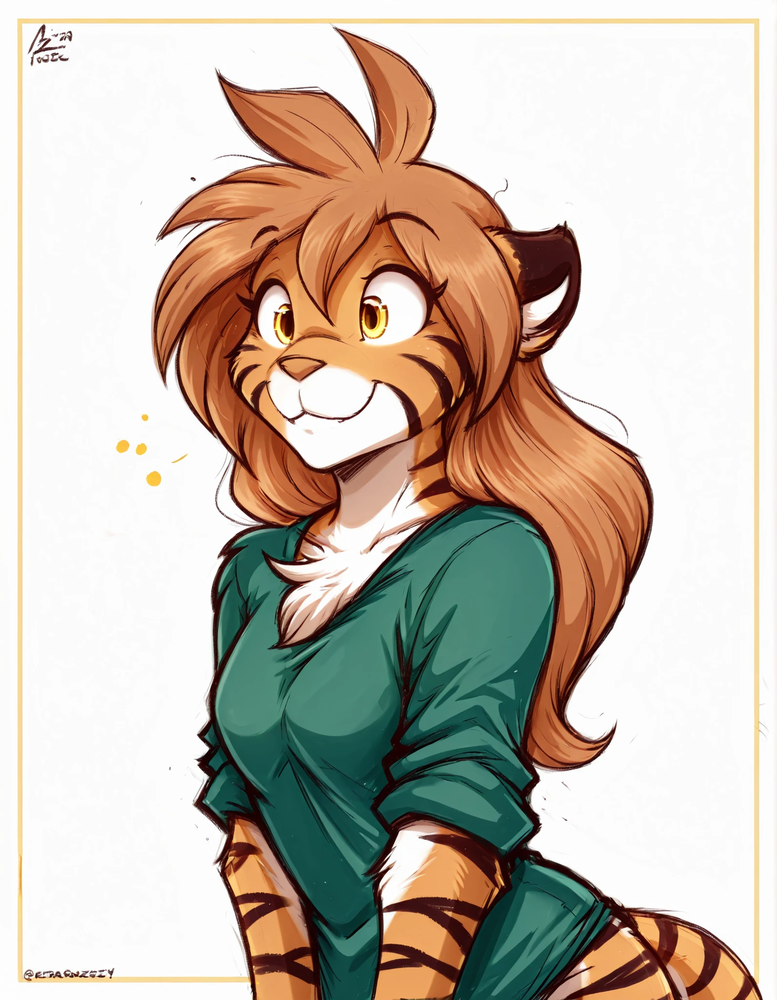 Aer0 Zer0 Style, ΛΞR0 ZΞR0,, masterpiece, best quality, very aesthetic, 1girl,, furry, solo, flora-twokinds, flora_twokinds,, tiger, striped fur, keidran, yellow eyes, anthro,, green shirt