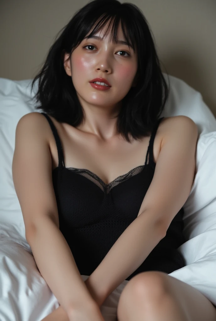 front view, skinny, medium shot, chinese woman, 35 years old, bob short hairstyle, black and white filter, cleavage, ultra detailed, sexy pose, in bed
