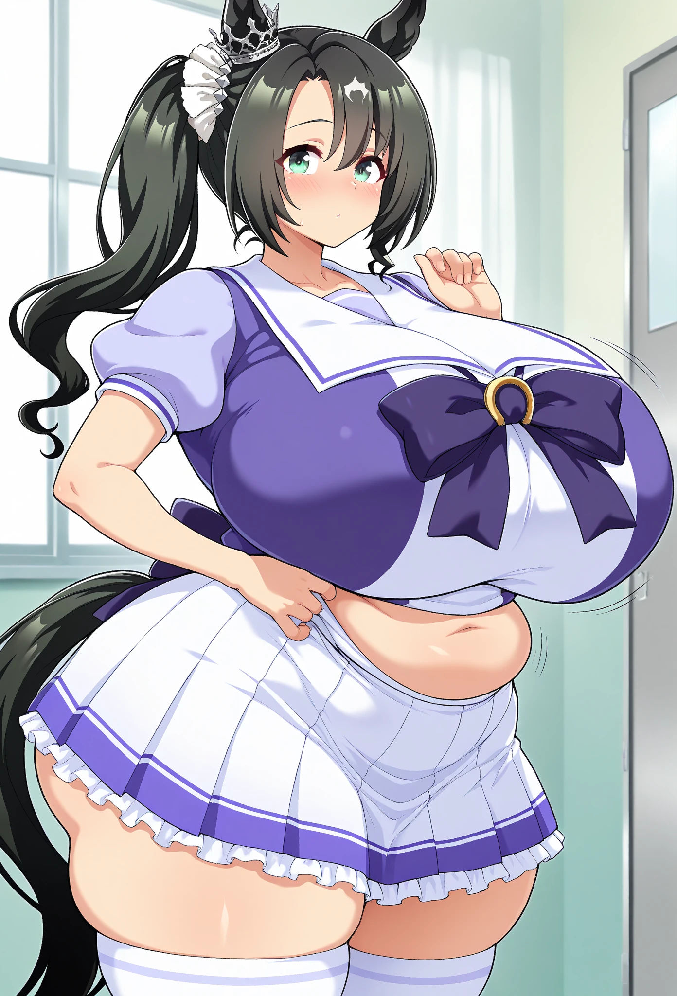A girl wearing a purple and white leotard((From before)),Brown Hair,Light brown eyes,Blushed,pigtails,BIG Boned,steam,vapor,tall,Sweat,wide hips,Puffy nipples,Mid-length hair,dance,