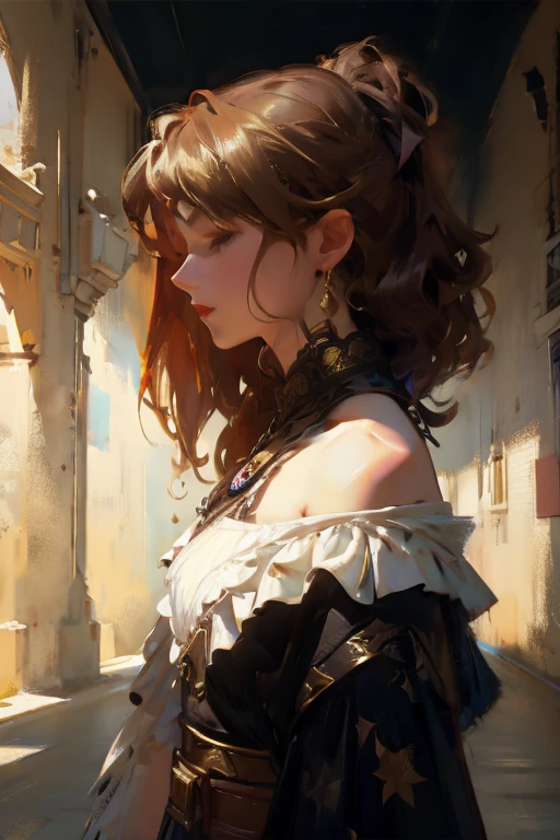 (((masterpiece, of the highest quality, super detailed))), (digital art), (a witch belonging to an occult order of knights), (a knight crossed with a witch), Victorian era inspired, ((minimal but intricate beautiful armour)), (Fluttering lace flared dress with frilly petticoats), ((Bloodbourne inspired)), (big forhead:1.2), (((dark hair, ponytail, thick ponytail, heavy ponytail))), (((Very sharp focused eyes))), ((small breasts)), very long eyelashes, occult aesthetic, (red and white clothing detailed and intricate steampunk and detailed gothic), (with a hood), complex lace boots,