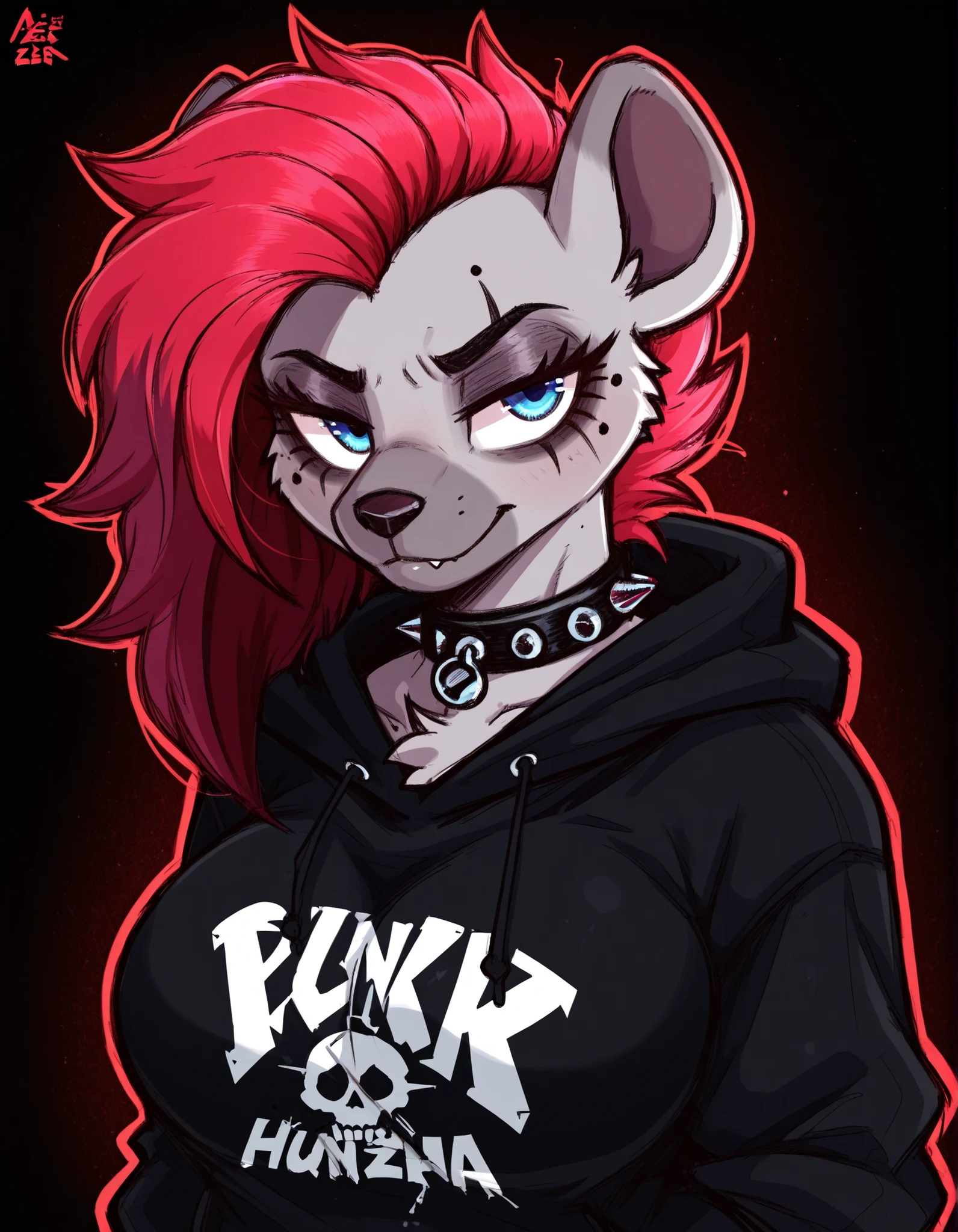 Aer0 Zer0 Style, ΛΞR0 ZΞR0,, 1girl, solo, anthro hyena, furry, furry female, blue eyes, punk, grey fur, black hoodie, breast, spike collar, red hair,