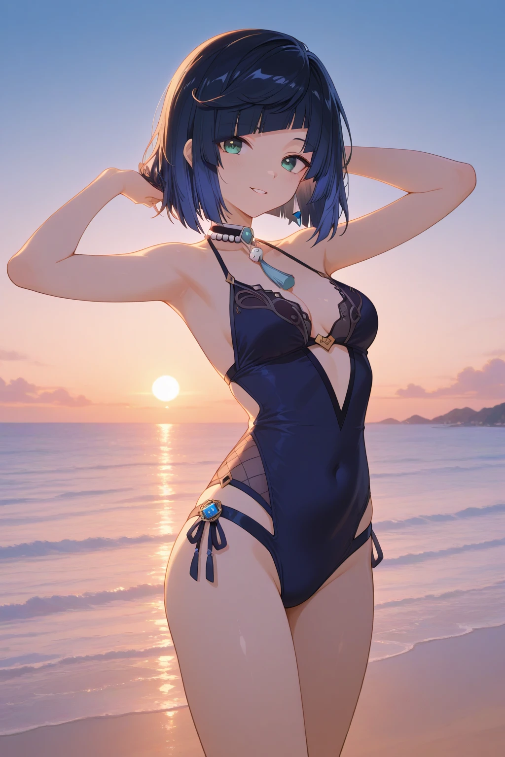 ((masterpiece、top-quality:1.5、a high chroma:1.5、ultra-detailliert、high-resolution illustrations:1.5、Ultra-high-definition CG、8k size wallpaper、offcial art))、(1woman,),(erotic cute face:1.5,cute eyes:1.5)、(seductive smile:1.3)、(sexy body),(kneeling:1.5),(micro bikini:1.5,)、(Metallic Blue、:1.5),(fluorescence multicolored hair:1.5), (large breasts:1.1)、(erotic oil skin:1.5),(curvy:1.1)、
,(shine Eyes:1.5),(midsummer beach strong sunlight:1.5)、(cowboy shot:1.5)、