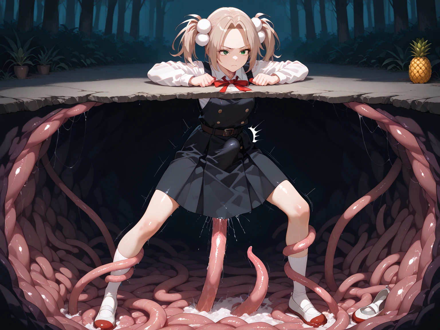 masterpiece, High- sharpness, Best quality at best, 1girl, solo, tottering, Beautiful udder, Legs with rich lines, sobbing, worried, mami tomoe, wantun-tentacles,tentacles, tentacle on neck, choking, fluttering skirt, white panties