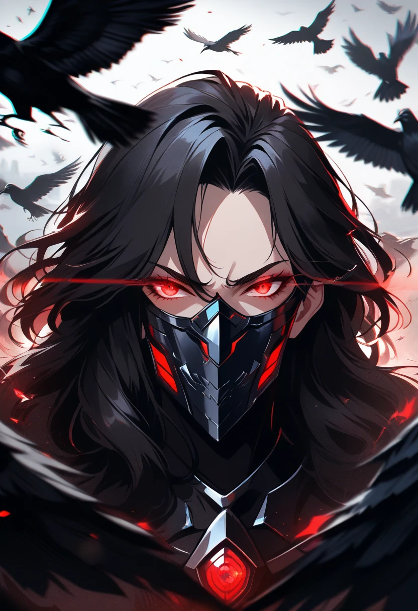 A 23-year-old man, black hair with white locks, perfect face, wearing a high-tech outfit, ((extremely detailed)), award-winning digital art, ((soft lighting)), with a crow mask and red overcoat