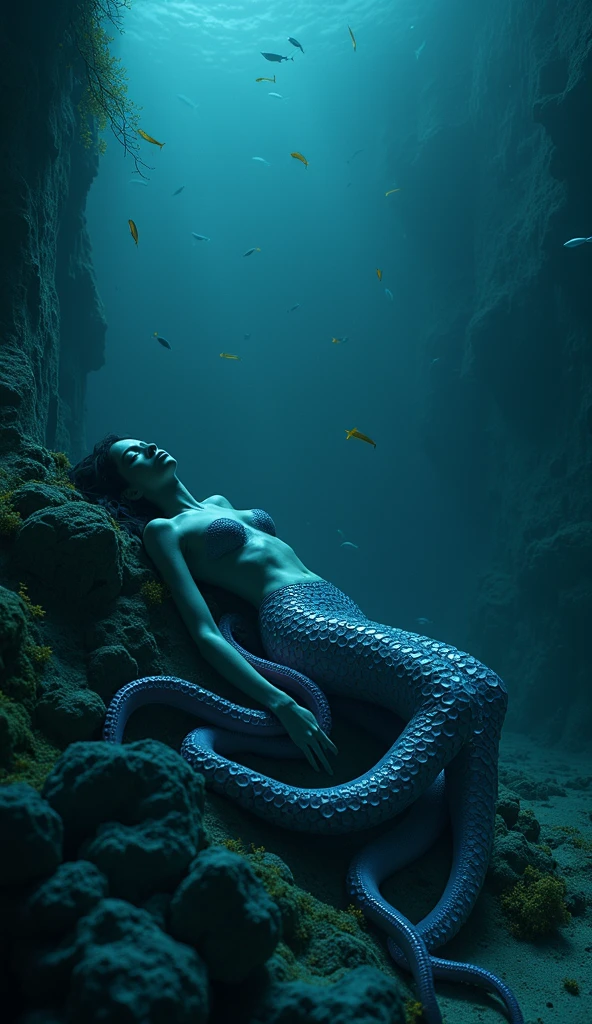 (Neytiriblueskinbabe as a mermaid, 1girl, tail, mermaid tail, underwater, front view, (Photorealistic:1.2)