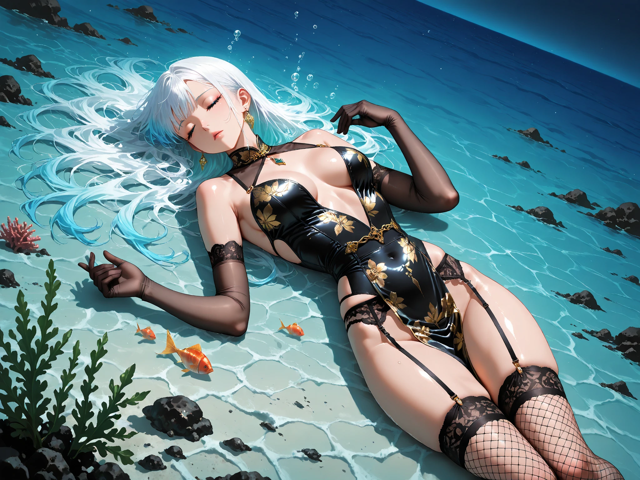 (close-up of art style, 8K ultra-high definition, masterpiece level long-range CG wallpaper), full body, (overlook view), (beautiful pupils with exquisite details), anime, cute girl cosplay swimsuit, swimming ring, shiny smooth slender legs, sea in the sea, charming eyes, delicate posture, smooth face like a baby, blue sky, white clouds, her cuteness in the sun sets off vividly.