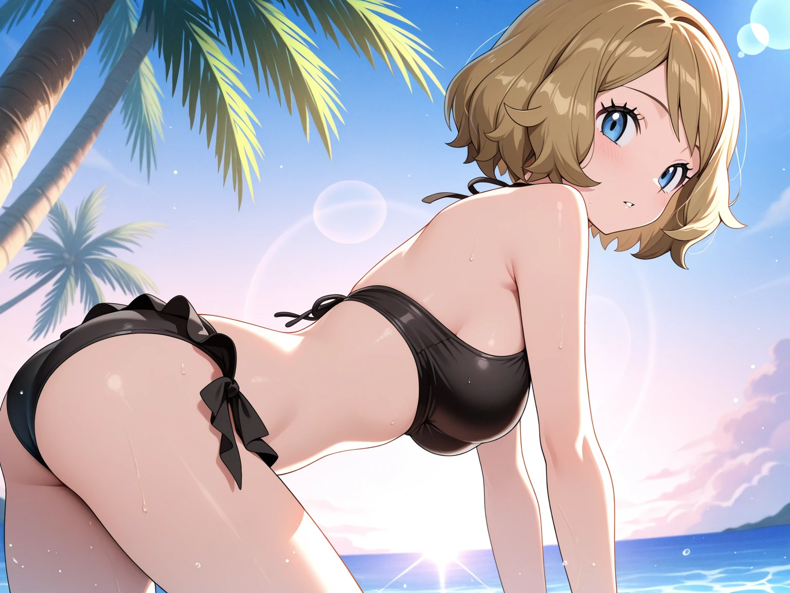 pixel-Konami, 1girl, green frilled bikini top, black shorts, happy, masterpiece, photorealistic, realistic, (RAW photo, 8k uhd, film grain), caustics, subsurface scattering, from behind, <hypernet:myhands_22k:0.75> <lora:konami-Kirie-LoRA:0.85>