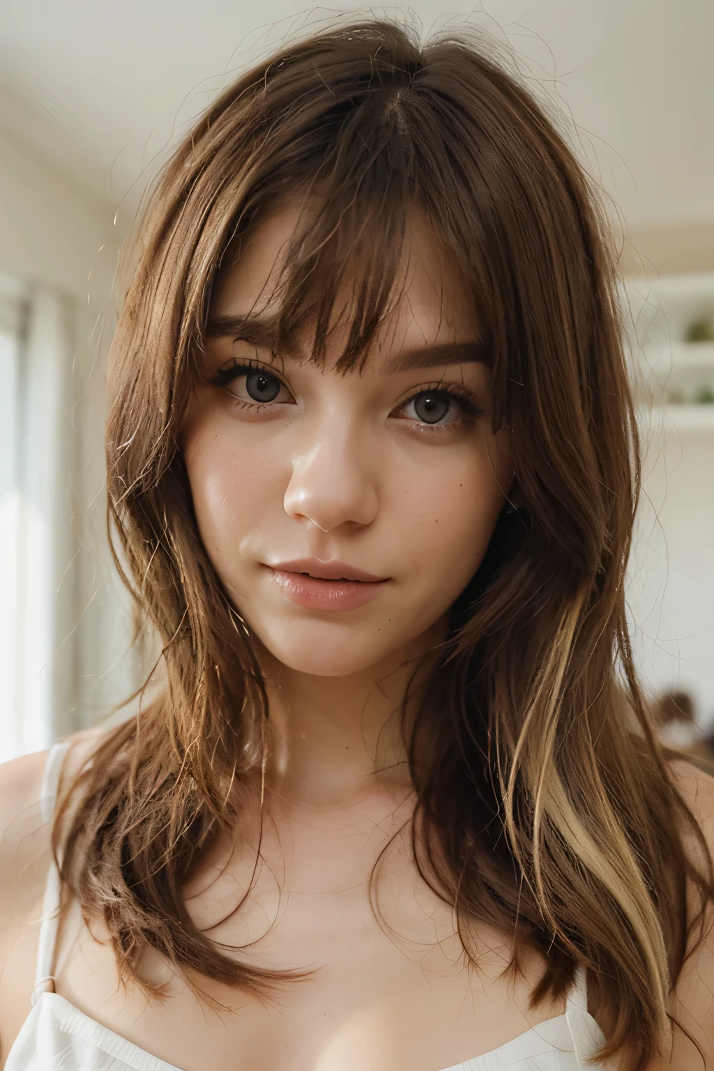 Red hair, straight hair, medium length hair, side-swept bangs, freckles across nose and cheeks, light brown eyebrows, large brown eyes, slight dark circles under eyes, white teeth, small gap between front teeth, fair skin, smooth complexion, light natural makeup, slightly pointed chin, slim face, thin nose, slightly upturned nose tip, high cheekbones, slightly flushed cheeks, subtle dimples when smiling, relaxed and friendly expression, slightly parted lips, full lower lip, delicate jawline, visible collarbones, no visible piercings or tattoos, black dress