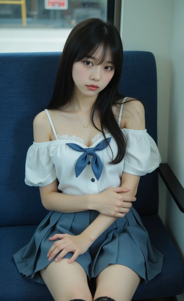 ((Highest quality))、(masterpiece:1.4)、RAW Photos、8K、((Best image quality))、 ((High resolution))、Beautiful face in every detail、Realistic human skin、Gentle expression、(One Woman:1.3 )、Realistic、Realistic、(Beautiful woman)、(Cute Japanese Girl)、(boyish:1.35)、((mannish))、((Beautiful woman))、(Beautiful Hair)、((Dark green hair))、(((Red cheeks)))、((Her eyes are big))、 year old beauty、(Her face is small:1.7)、Small Head、((Long neck))、White skin、Beautiful Skin、With bangs、Everyone longs for、のBeautiful woman、eight-headed body、(necklace)Looking into the camera、smile、Happy expression、very dark green short hair,Oily shiny knee socks、(The perfect school girl uniform:1.3)、Blue ribbon sailor suit、(Beautiful small breasts:1.3)、(Red checkered mini skirt:1.2)、sexy