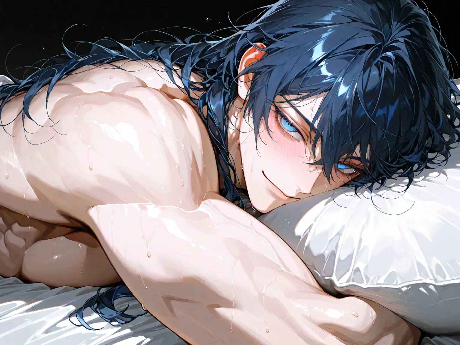 absurdres, highres, ultra detailed, HDR, master piece, best quality, extremely detailed, Eraser Head, black hair, medium hair, faint beard, expressive gray eyes, Boku No Hero Academia, solo, sexy man lying on a bed, handsome, handsome smile, bare chest, toned chest, black pants, fantasy, bed, sparkling, blue glittering fireflies, blue blossoms, blue chrysanthemums, blue sparkling lights, room