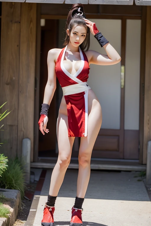 (mai shiranui:1.4), (tabi:1.4), (Full body:1.4), (Toe;1.3), (Realism), (master piece:1.2), (Best Quality), (ultra-detailliert), (8K, 4K, Convoluted), (Flat Lighting:1.2), (skinny), Prestige, Brown eyes, Long hair, brown eyes, long hair, brown hair, white ribbon, sleeveless, ponytail, sash, pelvic curtain, arm guards, gloves, tabi, fascinated expression, Sexy eyes, slim, medium breasts, Smile, Cute, view the viewer, Long hair, Close to Japan temple, (breasts focus:1.2), (Realistic:1.2), light Particle, Lighting, (Highly detailed:1.2), (Detailed face:1.2), (gradients), SFV, Colorful, (Detailed eyes:1.2), Detailed temples of Japan, Detailed background, (Dynamic Angle:1.2), Dynamic Pose, Wide Shot, Daylight, Solo.