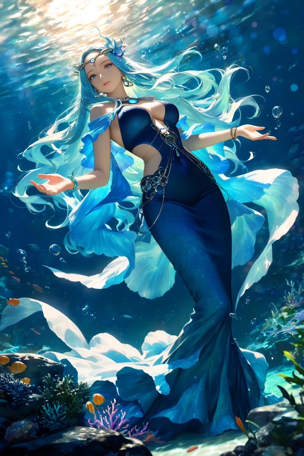 mermaid upper body sea white hair girl water surround head up eyes light and cold beautiful little fish surround blue body magic maiden has a fish tail --auto