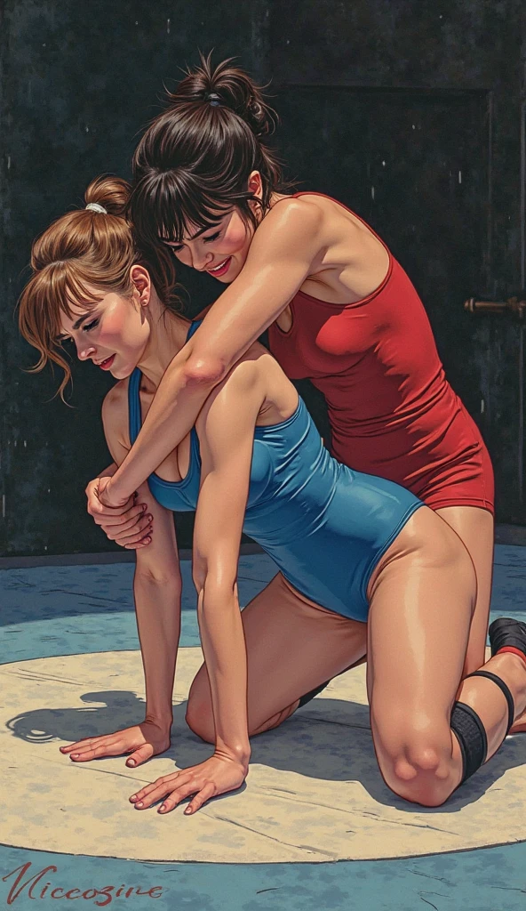 1 man 1 girl Manga comic sensual brunette girl Straight loose hair, blue eyes wet white t-shirt, black tabled skirt In a sensual pose, she teach self defense knee with a woden dummy (bigboob big ass) (wet t-shirt) (highly detailed) (concept art) (manga) (anime) (draw) (face anime detailed) (comics)