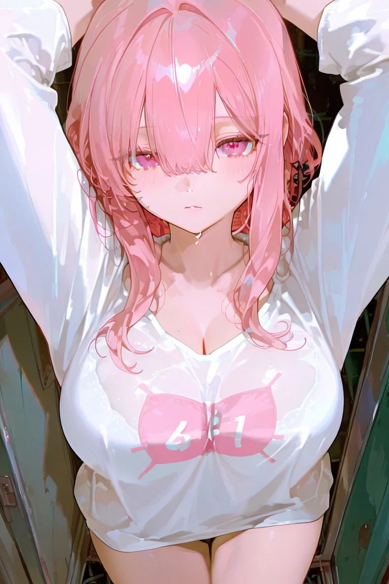 masterpiece, best quality,absurdres,(アニメ),1 lady, Big Breasts,(??????? and surprised,:1.1),(pink hair:1.3),twin tails,(beautyful purple eyes:1.1),wavy hair,BREAK,(heart pattern bikini),pastel pink sarong,Dotted ribbon,(Bikinis come off:1.3),BREAK,(nsfw),nipple,(fitting room),(arched back:1.2),(spread legs), (wet skin),Applying lipstick to lips、Holding lipstick