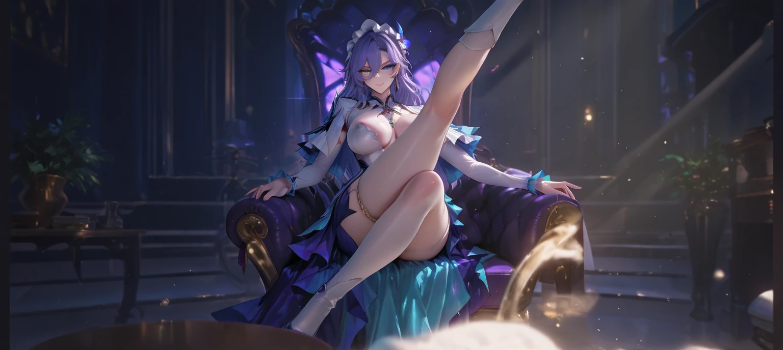 ((realistic: 1.5)),((best quality)), ((masterpiece)),((detailed)), woman, purple-haired, hair tied, ponytail, blue pupils, angel wings, focus on face, mature, seductive expression, long legs, curves, large breasts, closed neckline, sexy outfit, pantyhose, thick thighs, wide hips, long eyelashes, sitting on the throne, ancient castle at night.