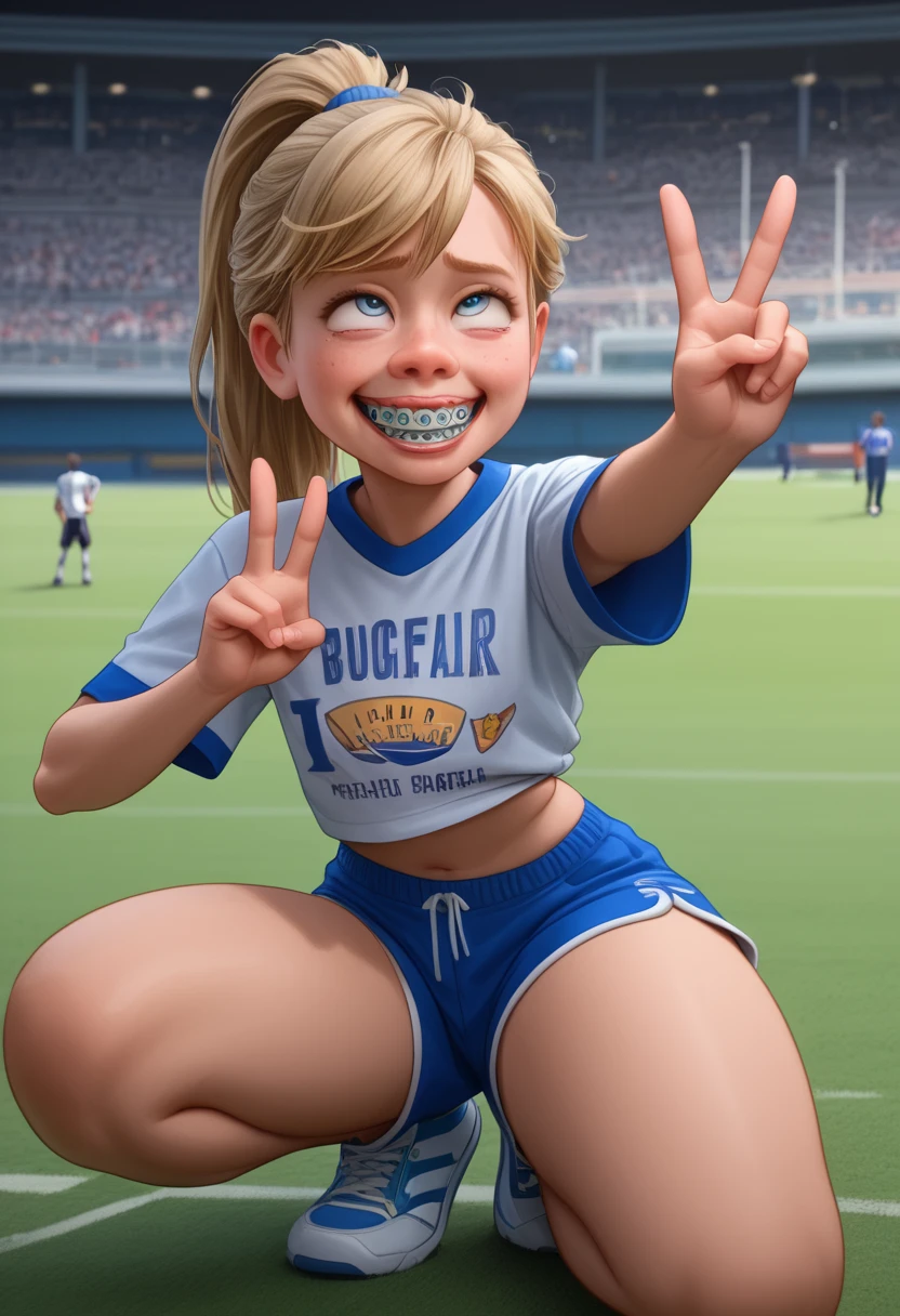 Riley Andersen, 1 girl, hypdertailed, hair blonde, blue colored eyes, ahegao, peace sign, tilt your head, cowboy shot, breasts small, hockey regatta shirt, coxas nuas, sitting, 正面, 1 girl, alone, , salient smile, gazing at viewer, hands crossed, ((bikini)), whole body, poses photos, best qualityer, no flaws