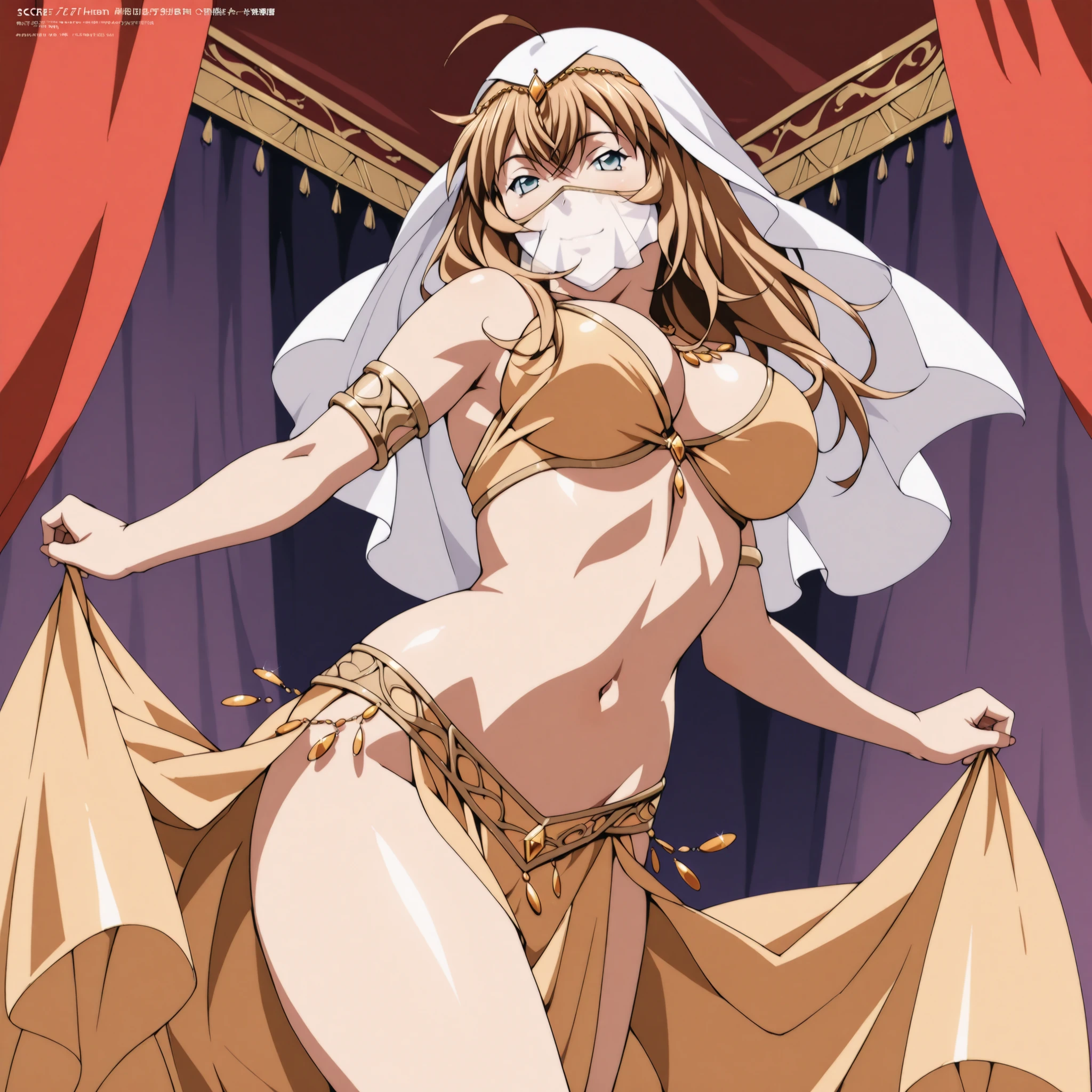 (1girl:1 . 5) , (Seul:1 . 5) , score_9 , score_8_haut , score_7_haut , source_anime , Official work  , ultra-detailed , masterpiece , best quality , high res , beaux yeux , detailed eyes , detailed face , beautiful detailed eyes ,Ikkitousen,Chuubou Sonken, Arabian Clothes , Arabian Dancer ,belly dancer costume ,mouth veil , golden jewelery,armlet, belly dancing, arabian room, arabian theater ,  smile, dancing with veil, dynamic movement,  pose,sexy pose