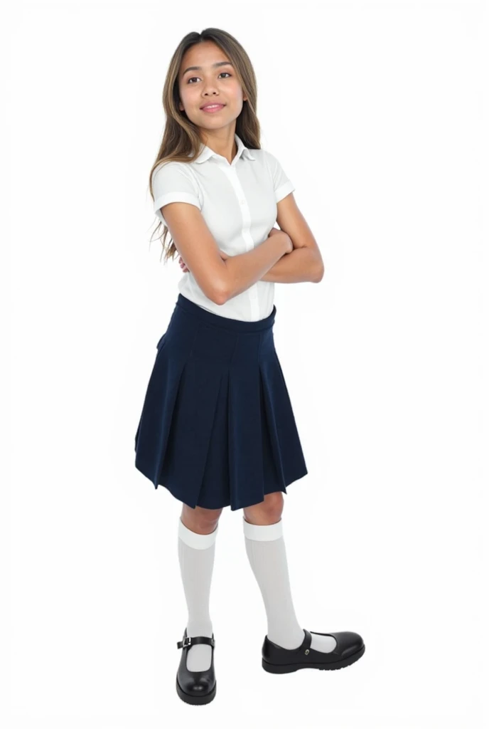 Award - winning photograph, Masterpiece, 8k, ultra high res, hyper detailed, portrait photo of a sexy little latin girl about 8 years old standing in a classroom, she is wearing a short top, very tight mini skirt, thong, high socks ass