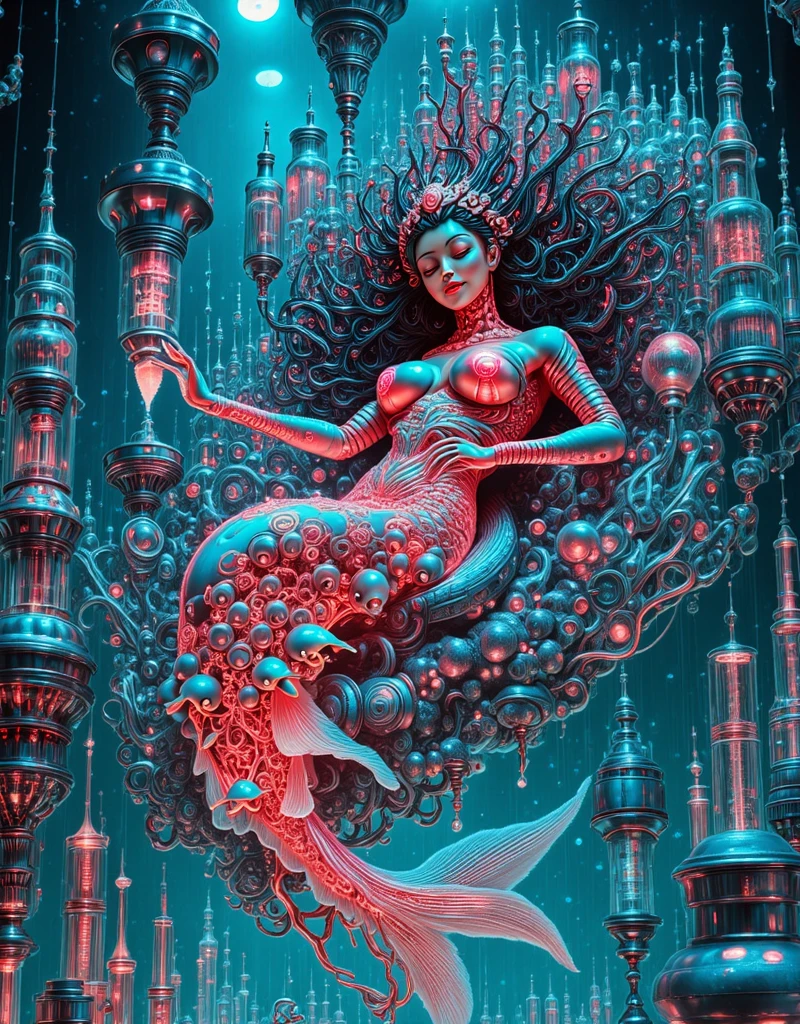 Lucy Liu, age 25, (bright red sexy asian witch lingerie (stomach exposed, breast drapes) wielding spells (strips of paper with kanji), approaching a spooky ghost with many tentacles

