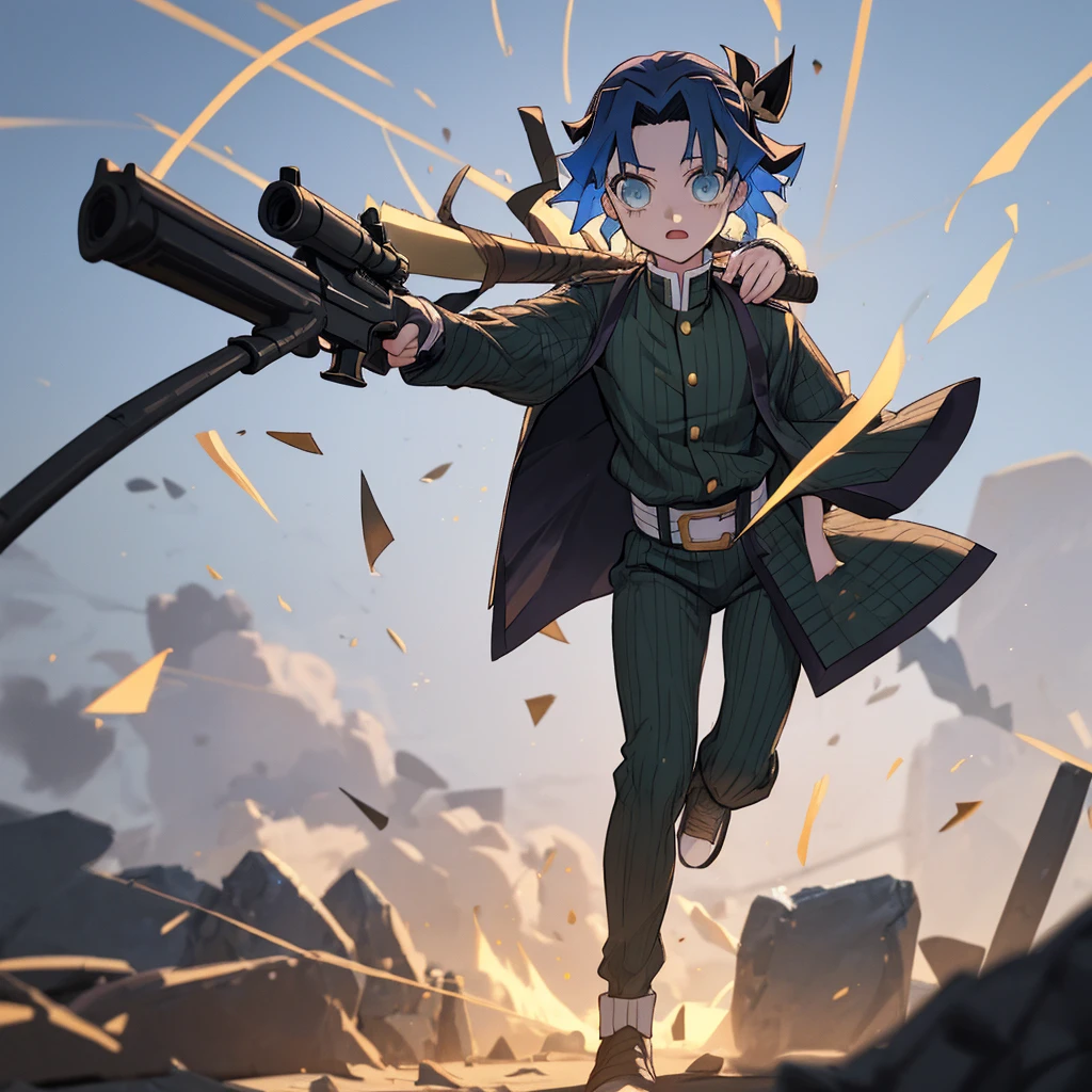 solo,
in collapsed city,conflicts,Rubble, tanks, troops,war,
detailed background,cinematic lighting,
holding an assault rifle,
 <lora:CRN_V10:0.75>,CRN,(white eyes,round eyes,white pupils:1.2),blue hair,green vest,white shirt,brown short pants,earmuffs,brown cap