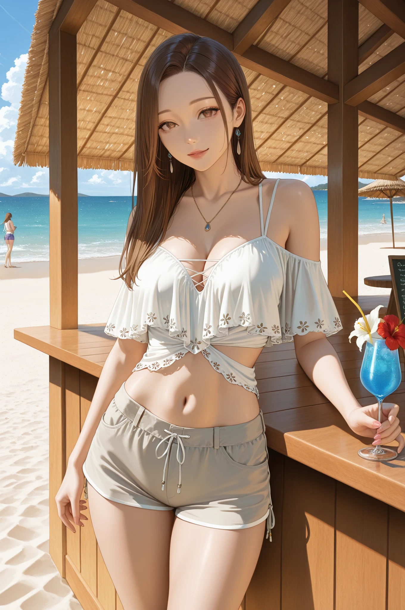 ((Extremely exposed))(High-definition image quality)極Realistic skin texture、High definition face(brown、Very long straight hair、Hair behind the ear、Beautiful moist brown hair、Smooth Hair)((Bright smile))、Gaze(sexyな25歳の女の子、Idol Makeup、Eyeliner)(Fair skin)(Sparkling eyes)Smooth Skin、Realistic skin texture ((Oversized T-shirt、Short length、Cleavage) ((Extremely short denim miniskirt、damage、Super tight、small、Ultra low rise))))Beautiful armpits、On the position of the chest、Round big breasts、Beautiful valley、Ultra-thin waist、Waistline、Long legs、Glitter High Heels((((Seaside cafe during the day))))(((((Medium full shot from below、sexy))))))Erotic and bold poses